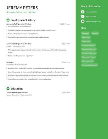 Ammonia Refrigeration Worker Resume