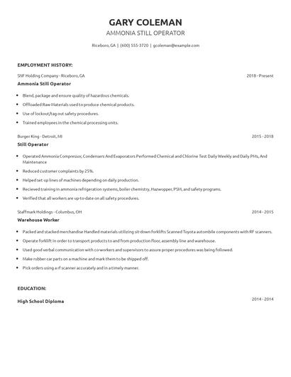 Ammonia Still Operator Resume
