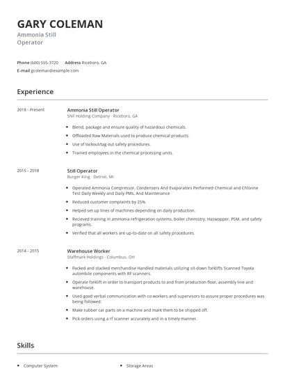 Ammonia Still Operator Resume