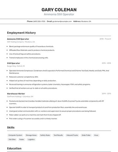 Ammonia Still Operator Resume