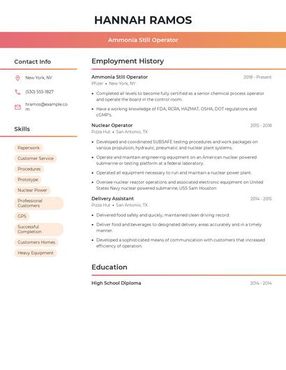 Ammonia Still Operator Resume