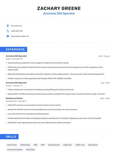 Ammonia Still Operator Resume