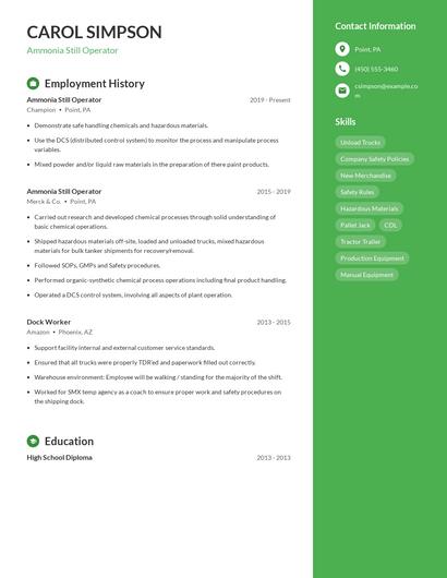 Ammonia Still Operator Resume