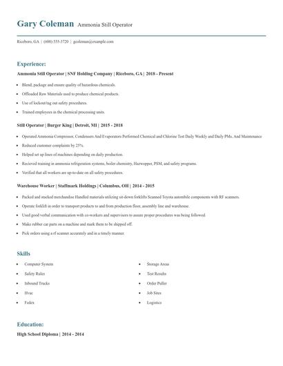 Ammonia Still Operator Resume