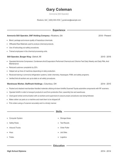 Ammonia Still Operator Resume