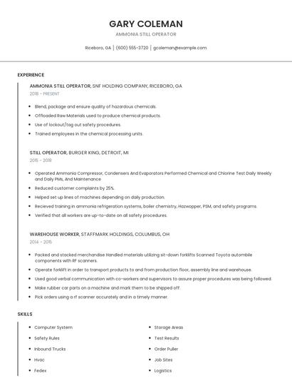 Ammonia Still Operator Resume