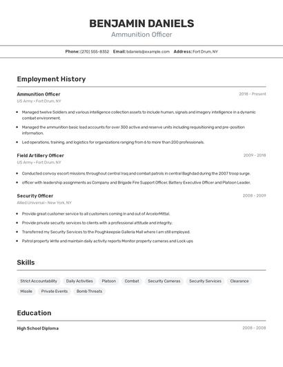 Ammunition Officer Resume