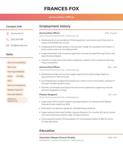 Ammunition Officer Resume