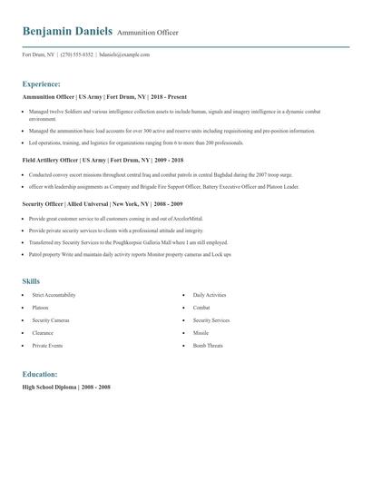 Ammunition Officer Resume
