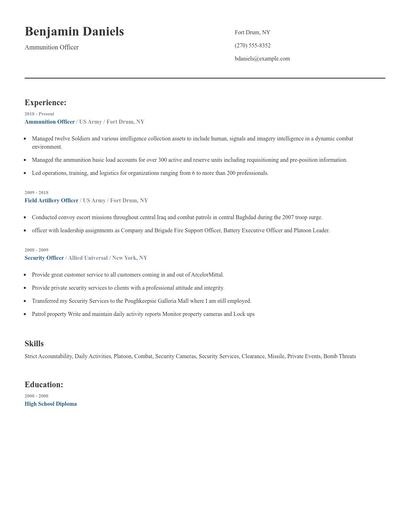 Ammunition Officer Resume