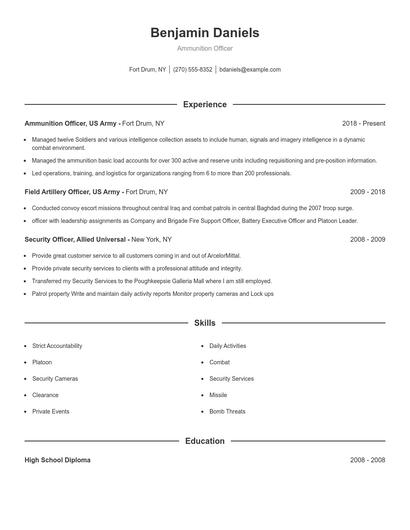 Ammunition Officer Resume