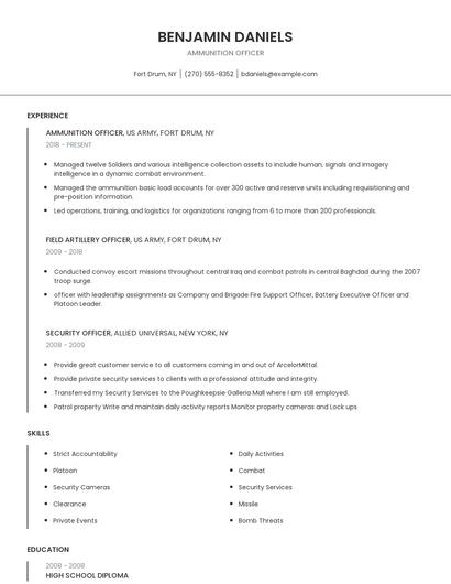 Ammunition Officer Resume