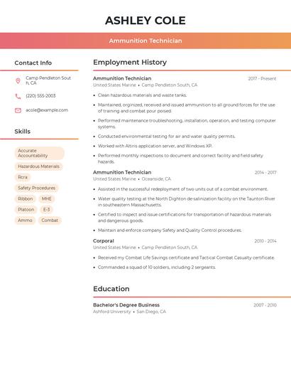 Ammunition Technician Resume