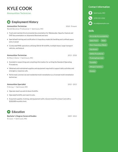 Ammunition Technician Resume