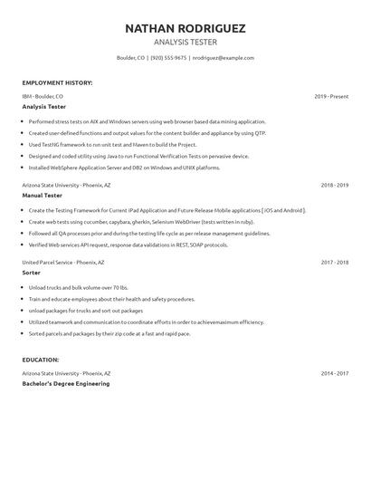 Analysis Tester Resume