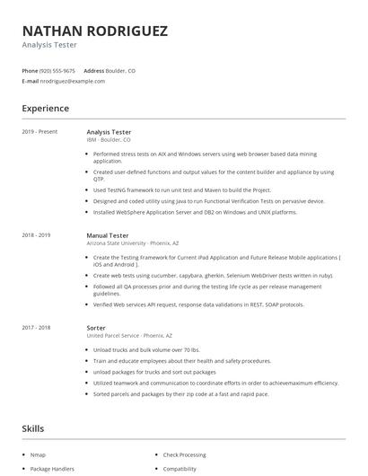 Analysis Tester Resume