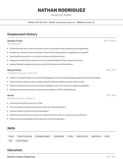 Analysis Tester Resume