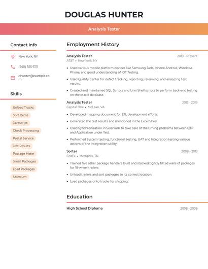 Analysis Tester Resume