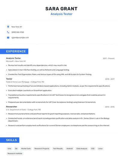 Analysis Tester Resume