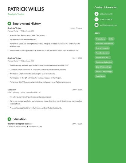 Analysis Tester Resume