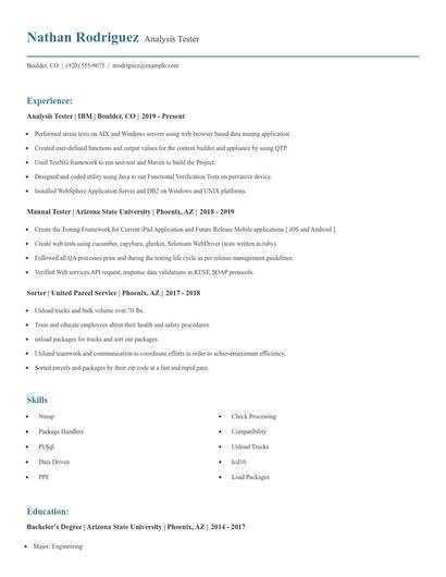 Analysis Tester Resume