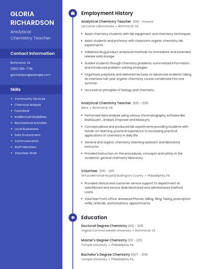 Analytical Chemistry Teacher Resume