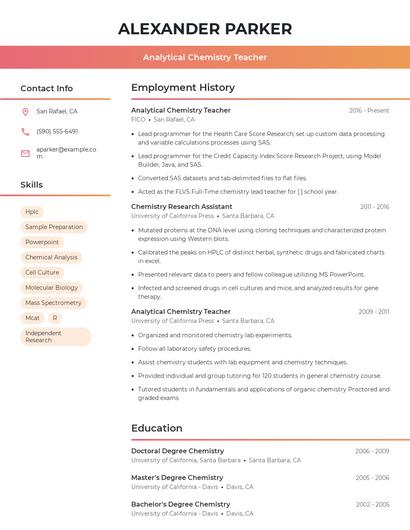 Analytical Chemistry Teacher Resume