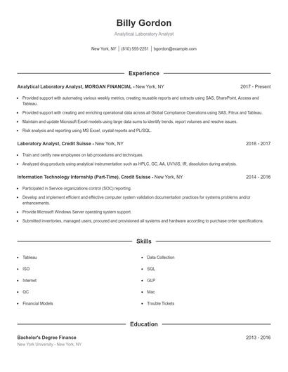 Analytical Laboratory Analyst Resume