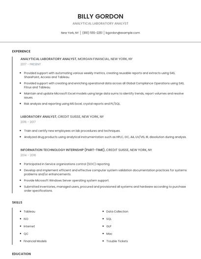 Analytical Laboratory Analyst Resume