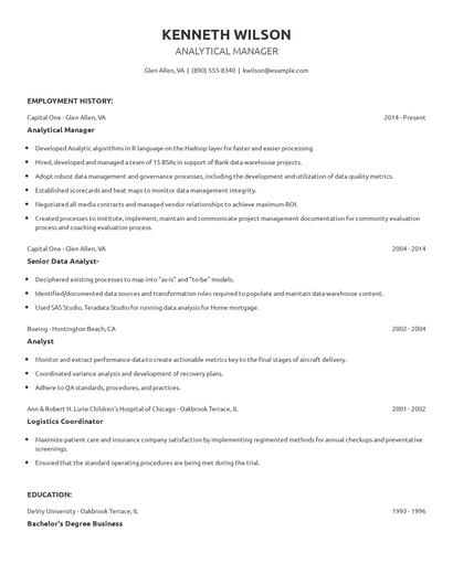 Analytical Manager Resume