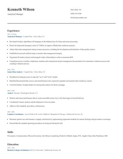 Analytical Manager Resume