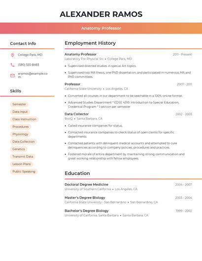 Anatomy Professor Resume