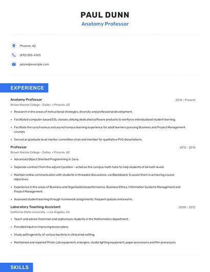 Anatomy Professor Resume