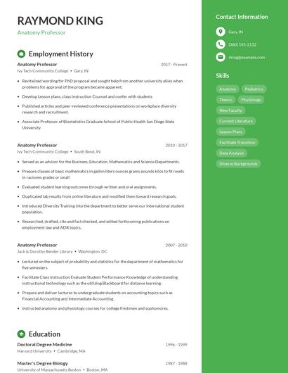 Anatomy Professor Resume