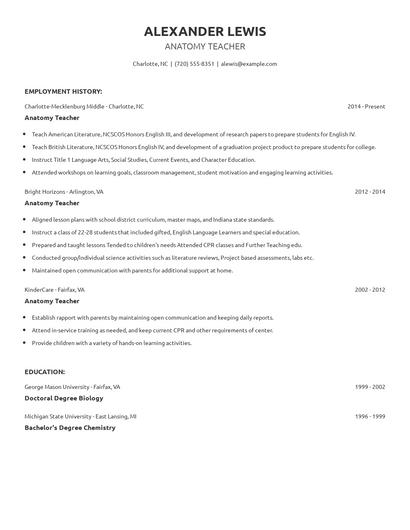Anatomy Teacher Resume