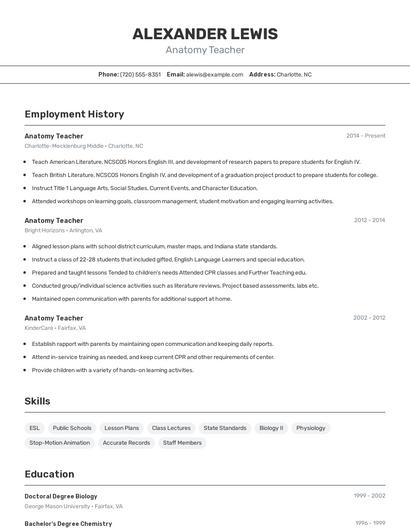 Anatomy Teacher Resume