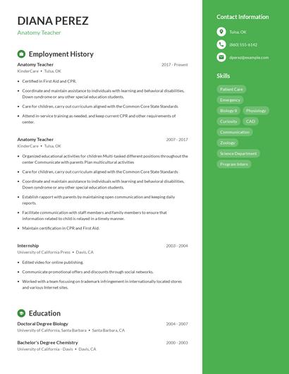 Anatomy Teacher Resume