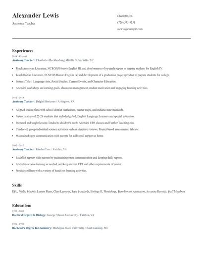 Anatomy Teacher Resume