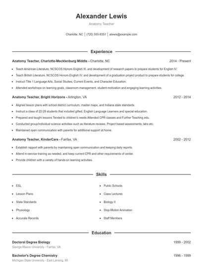 Anatomy Teacher Resume