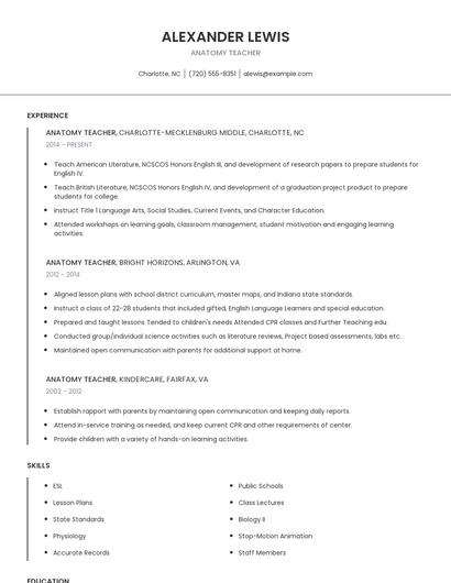Anatomy Teacher Resume