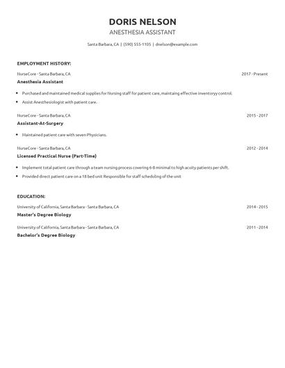 Anesthesia Assistant Resume