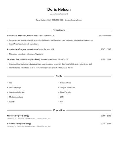 Anesthesia Assistant Resume