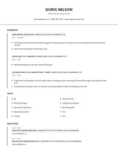 Anesthesia Assistant Resume