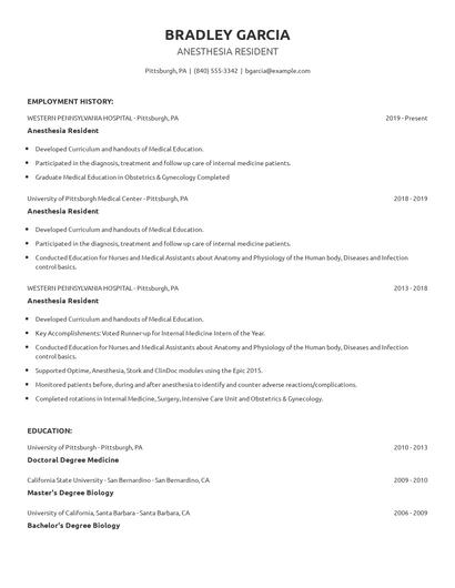 Anesthesia Resident Resume