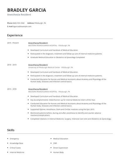 Anesthesia Resident Resume