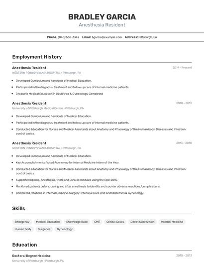Anesthesia Resident Resume
