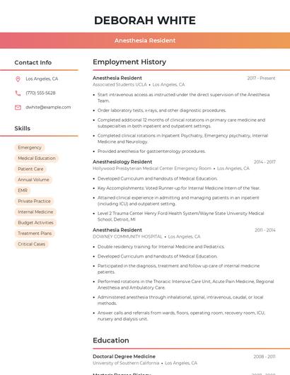 Anesthesia Resident Resume