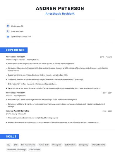 Anesthesia Resident Resume
