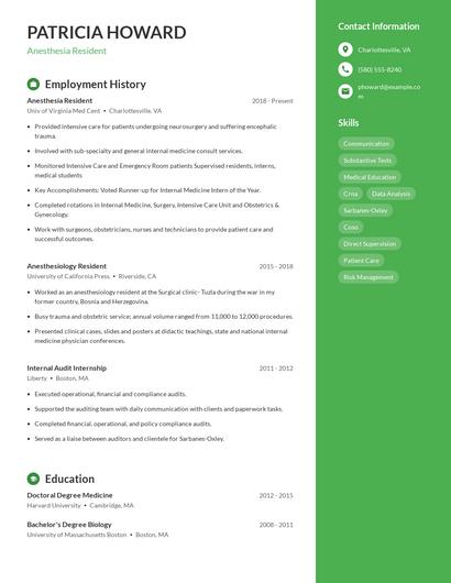 Anesthesia Resident Resume