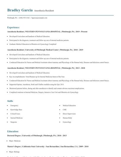 Anesthesia Resident Resume
